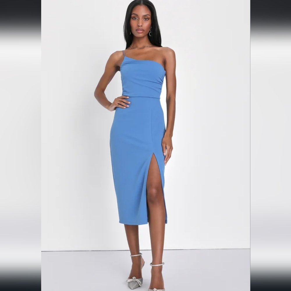 NWT Lulus Elegant Allure Slate Blue One-Shoulder Sleeveless Midi Dress